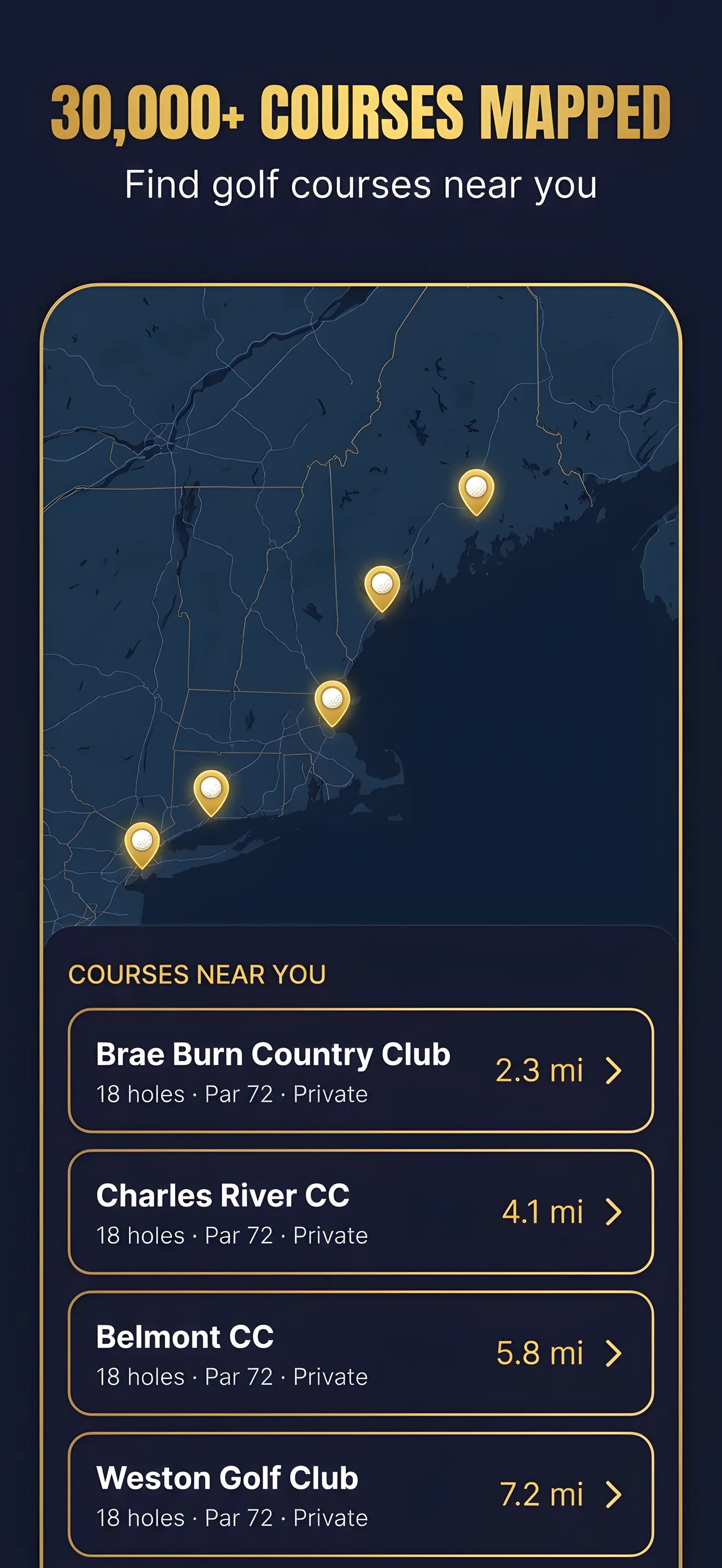 Map of courses near the player with pin markers and distance