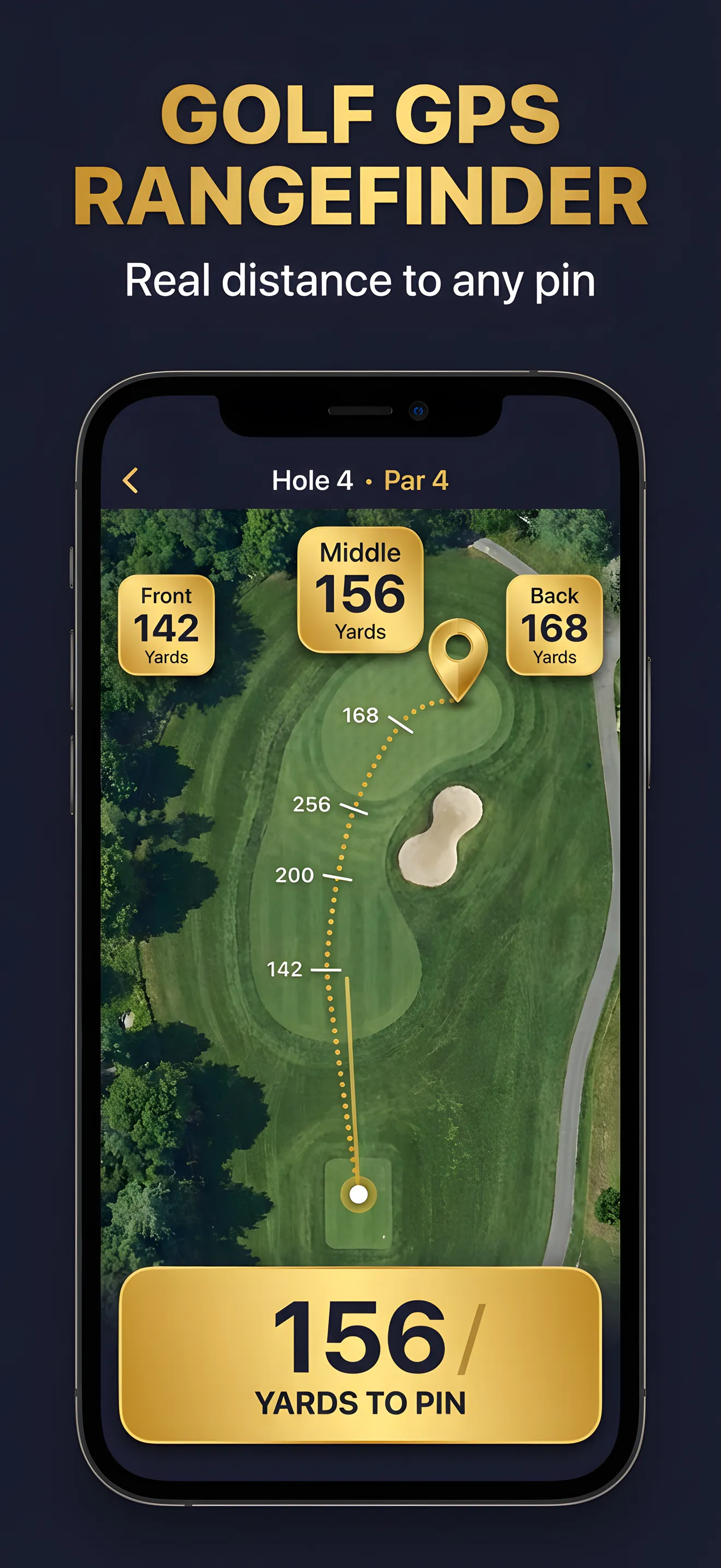 Rangefinder showing 156 yards to pin with front, middle, back distances