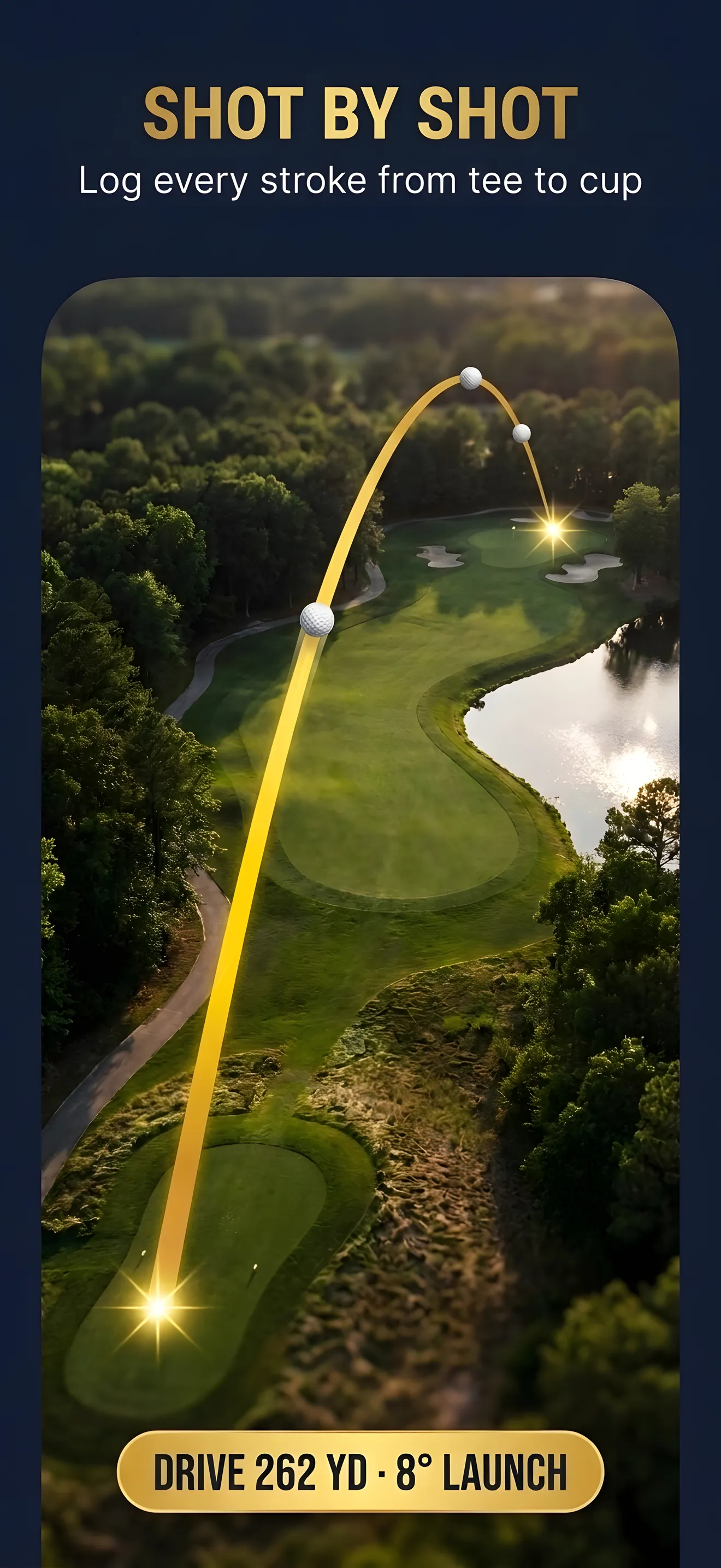 Shot trajectory overlay on aerial view of a par 4 fairway